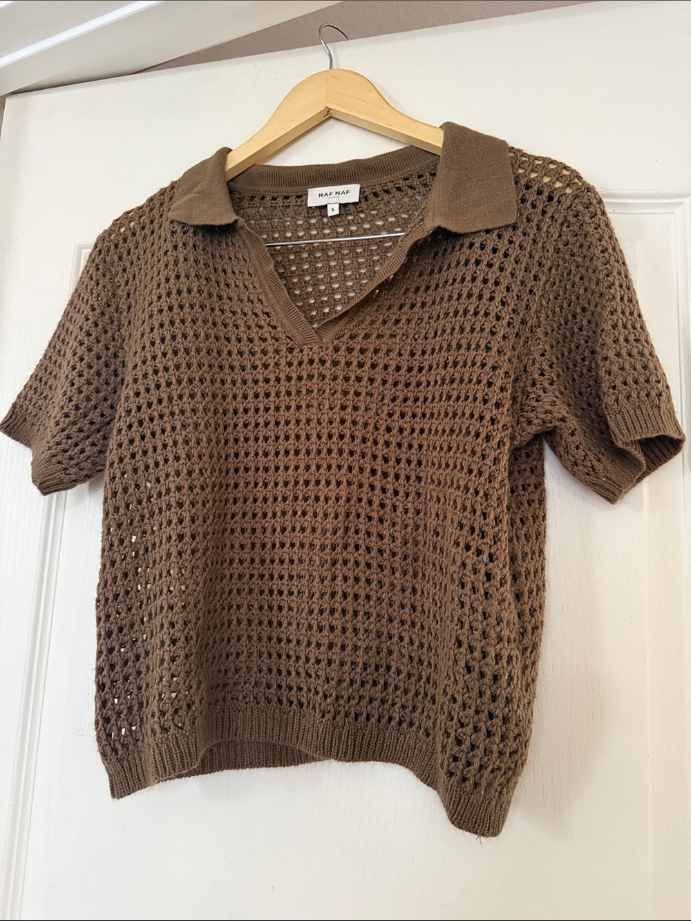 NAF NAF Brown Open-Knit V-Neck Polo